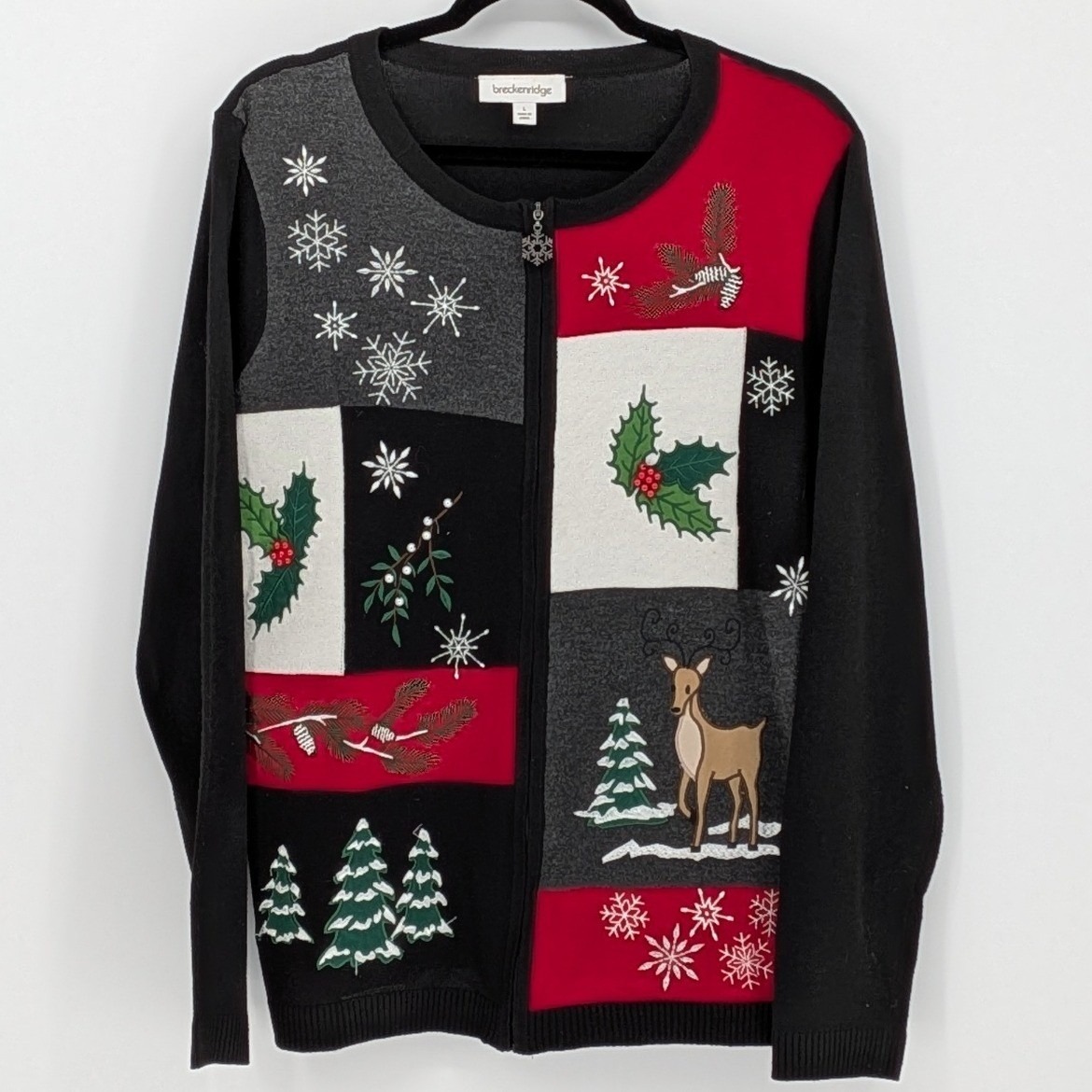 Breckenridge $68 Large Christmas Sweater Cardigan Zip Front Holiday Embroidered